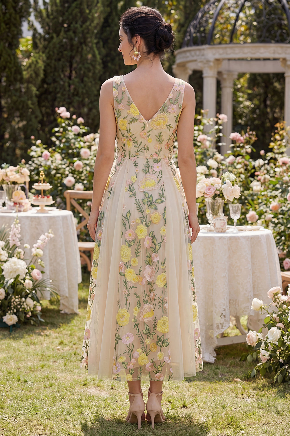 embroidered wedding guest dress Leely Women Grey Blue Floral Midi Wedding Guest Dress A Line Embroidered Thick Straps Garden Party Dress