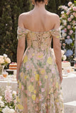 Off the Shoulder A-Line Tulle Champagne Corset Embroidered Floral Midi Dress