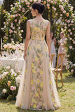 Champagne A-Line Tulle Bateau Neck Embroidered Long Floral Dress