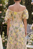 Tulle Off the Shoulder Champagne A-Line Embroidered Floral Midi Dress with Puff Sleeves