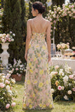 Mermaid Tulle Champagne Embroidered Long Floral Dress with Slit