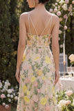 Mermaid Tulle Champagne Embroidered Long Floral Dress with Slit