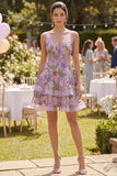 Lilac A Line Tulle Embroidered V-Neck Mini Floral Dress