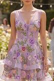 Lilac A Line Tulle Embroidered V-Neck Mini Floral Dress