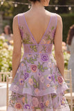 Lilac A Line Tulle Embroidered V-Neck Mini Floral Dress