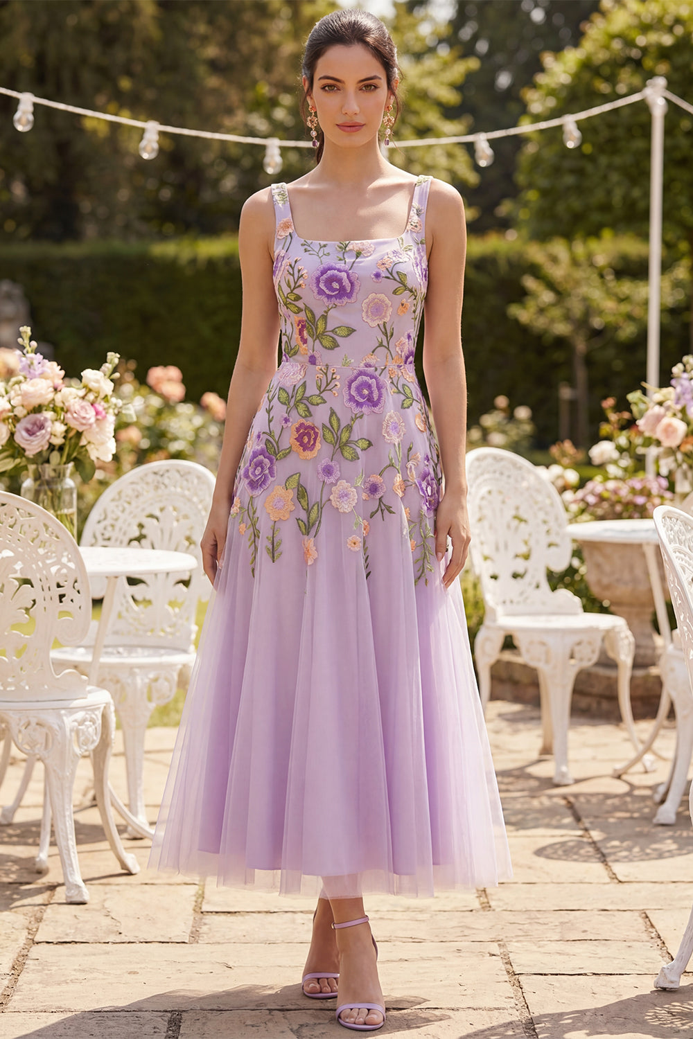 Zapaka Women Tulle Midi Dress Lilac A-Line Embroidered Square Neck Floral Wedding Guest Dress, Lilac / US8