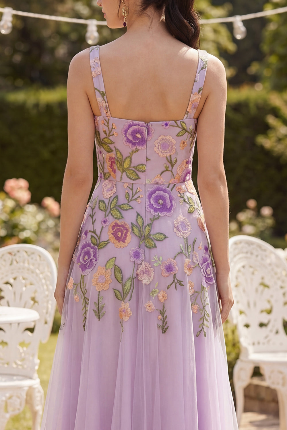 Zapaka Women Tulle Midi Dress Lilac A-Line Embroidered Square Neck