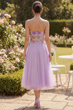 Strapless Lilac Tulle A-Line Embroidered Floral Midi Dress