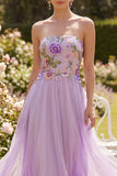 Strapless Lilac Tulle A-Line Embroidered Floral Midi Dress