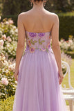 Strapless Lilac Tulle A-Line Embroidered Floral Midi Dress