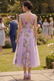 A-Line Lilac Tulle V-Neck Embroidered Midi Floral Dress