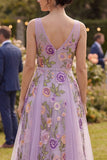 A-Line Lilac Tulle V-Neck Embroidered Midi Floral Dress