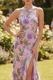 Mermaid Lilac Halter Neck Tulle Embroidered Long Floral Dress with Slit