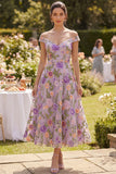 A-Line Off the Shoulder Lilac Tulle Embroidered Midi Floral Dress