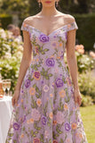 A-Line Off the Shoulder Lilac Tulle Embroidered Midi Floral Dress