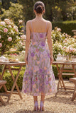 A-Line Lilac Tulle Embroidered Midi Ruched Floral Dress