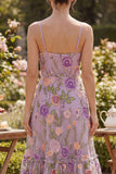 A-Line Lilac Tulle Embroidered Midi Ruched Floral Dress