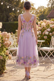 Lilac Tulle A-Line Embroidered V-Neck Midi Floral Dress