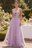 Lilac Strapless Tulle A-Line Embroidered Long Floral Dress