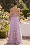 Lilac Strapless Tulle A-Line Embroidered Long Floral Dress