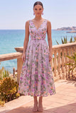 Lilac V-Neck Tulle A-Line Embroidered Floral Midi Dress