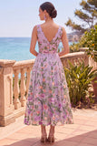 Lilac V-Neck Tulle A-Line Embroidered Floral Midi Dress