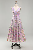 Lilac V-Neck Tulle A-Line Embroidered Floral Midi Dress