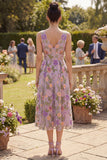 Lilac V-Neck Tulle A-Line Embroidered Floral Midi Dress