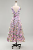 Lilac V-Neck Tulle A-Line Embroidered Floral Midi Dress