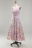 Lilac V-Neck Tulle A-Line Embroidered Floral Midi Dress