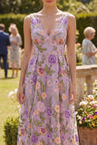Lilac V-Neck Tulle A-Line Embroidered Floral Midi Dress
