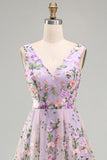Lilac V-Neck Tulle A-Line Embroidered Floral Midi Dress