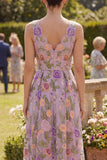 Lilac V-Neck Tulle A-Line Embroidered Floral Midi Dress
