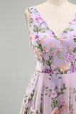 Lilac V-Neck Tulle A-Line Embroidered Floral Midi Dress