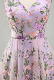 Lilac V-Neck Tulle A-Line Embroidered Floral Midi Dress