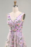 Lilac V-Neck Tulle A-Line Embroidered Floral Midi Dress