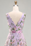 Lilac V-Neck Tulle A-Line Embroidered Floral Midi Dress