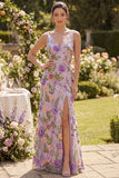 Lilac V-Neck Tulle Mermaid Embroidered Long Floral Dress with Slit