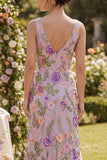 Lilac V-Neck Tulle Mermaid Embroidered Long Floral Dress with Slit
