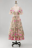 Blush V-Neck Tulle A-Line Embroidered Midi Floral Dress with Short Sleeves