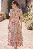 Blush V-Neck Tulle A-Line Embroidered Midi Floral Dress with Short Sleeves