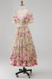 Blush V-Neck Tulle A-Line Embroidered Midi Floral Dress with Short Sleeves