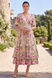 Blush V-Neck Tulle A-Line Embroidered Midi Floral Dress with Short Sleeves