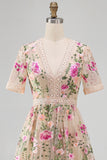Blush V-Neck Tulle A-Line Embroidered Midi Floral Dress with Short Sleeves