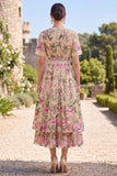 Blush V-Neck Tulle A-Line Embroidered Midi Floral Dress with Short Sleeves