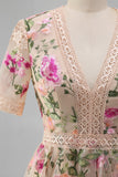Blush V-Neck Tulle A-Line Embroidered Midi Floral Dress with Short Sleeves