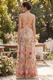 Blush Tulle A-Line Embroidered Long Floral Dress
