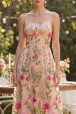 Blush Tulle A-Line Embroidered Long Floral Dress