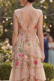 Blush V-Neck Tulle A-Line Tiered Embroidered Long Floral Dress