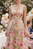 Tulle A-Line Blush V-Neck Embroidered Floral Midi Dress